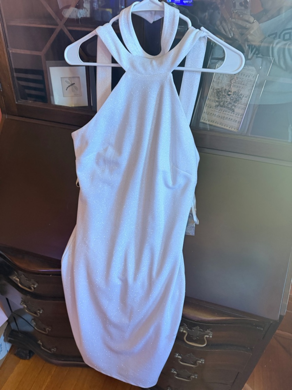 bebe White One-Shoulder Sparkle Sheath Dress